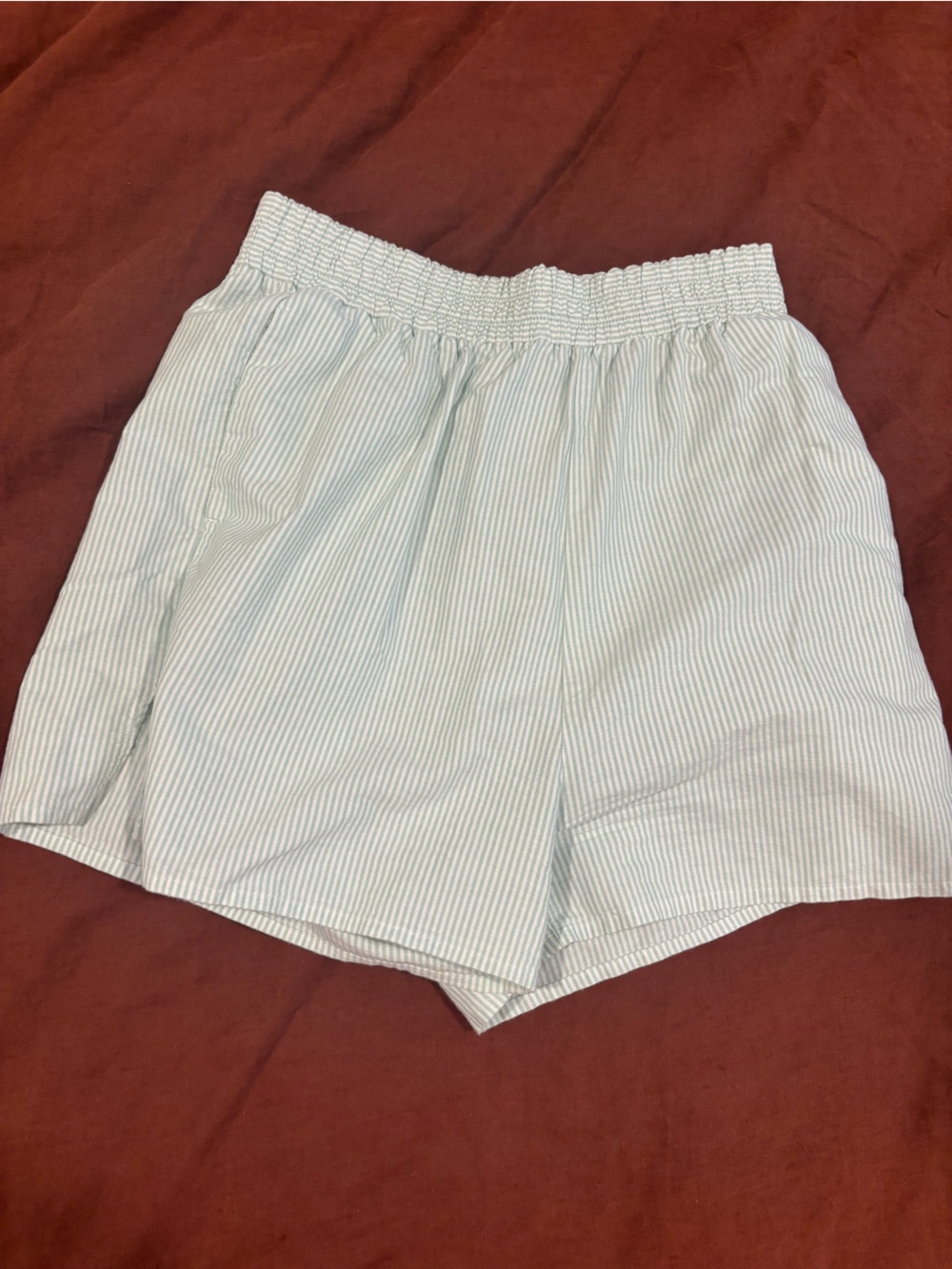 Djerf Avenue Light Blue & White Striped High Waist Shorts